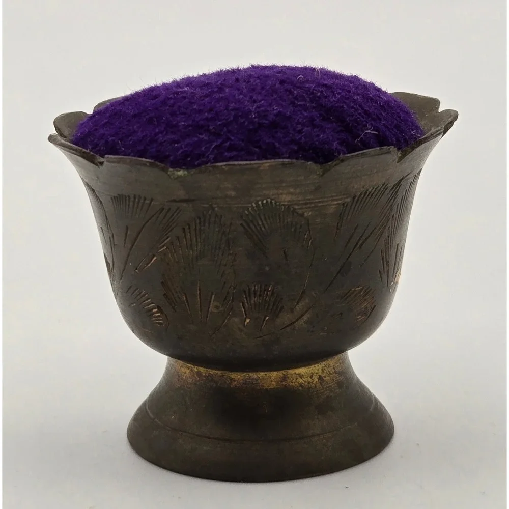 Vintage Brass Pin Cushion Etched Floral Pedestal Purple Patina‎ Small